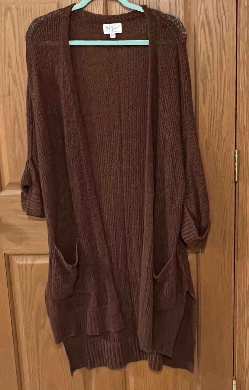 Before You Brown Knit Duster Cardigan Open Front Pockets S/M